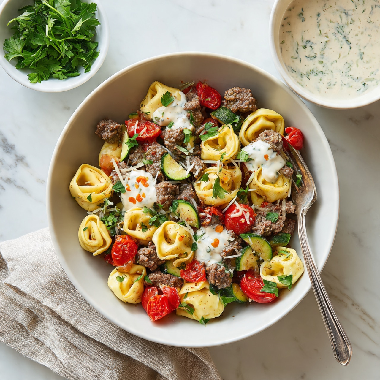 A white plate holds a colorful tortellini pasta dish with three main layers: at the bottom, golden-yellow tortellini pieces mixed with tender chunks of brown beef and vibrant green zucchini pieces; the middle layer has roasted red cherry tomatoes and soft white onions scattered throughout; the top layer shows dollops of creamy white sauce speckled with herbs and small orange flecks, lightly drizzled over the dish along with fresh green parsley leaves and a sprinkle of shredded white cheese. A silver fork rests on the edge of the plate holding a tortellini piece. Nearby, there is a white bowl filled with extra creamy sauce and a small white bowl with fresh green parsley on a white marbled surface. A light-colored cloth lies near the plate. Photo taken with an iphone --ar 4:5 --v 7