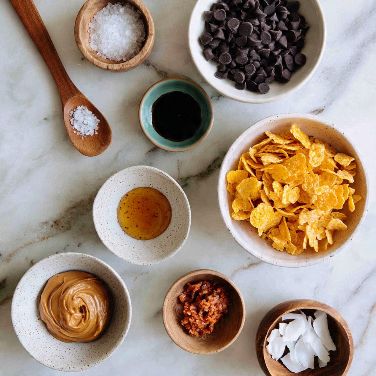 A top-down view shows ingredients arranged on a white marbled surface. At the center right is a white bowl filled with bright yellow cornflakes. Above it, a white bowl is full of dark chocolate chips. To the top left, a wooden spoon holds some white salt flakes. Next to the spoon, a small white bowl has a dark vanilla extract. Below the spoon, a speckled white bowl holds golden honey. At the bottom left, a white bowl is full of smooth peanut butter in creamy light brown color. To its right, a smaller white bowl contains a chunky, reddish-brown paste. Between these bowls, a small wooden bowl holds white coconut oil. photo taken with an iphone --ar 4:5 --v 7