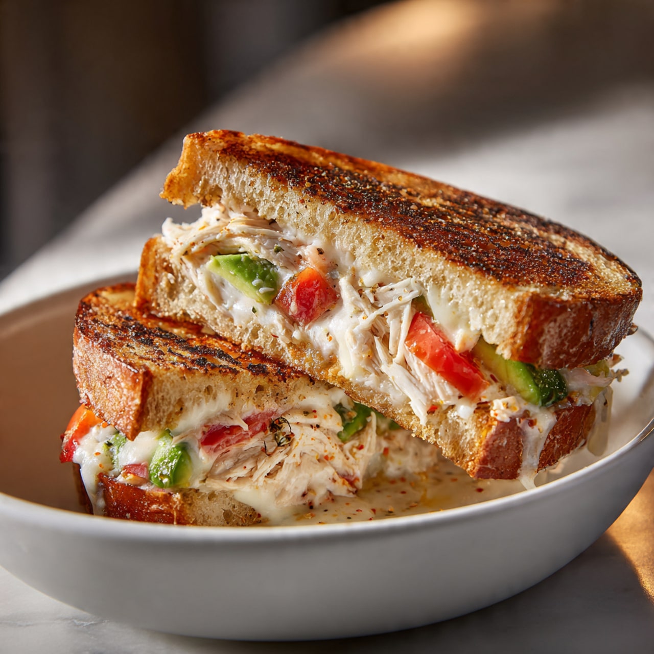 A close-up view of a grilled sandwich cut in half, placed in a white bowl with a smooth inside surface. The sandwich has three visible layers: the top layer is a toasted, golden-brown crust with some darker grill marks and light seasoning; below it is a creamy white melted cheese layer mixed with shredded light beige chicken and green slices of avocado; the bottom layer is a soft toasted bread slice with a light golden-brown crust. There is some melted cheese and juices slightly spilling out from the sandwich onto the bowl. The bowl sits on a white marbled surface, and the lighting gives a warm and fresh look. photo taken with an iphone --ar 4:5 --v 7