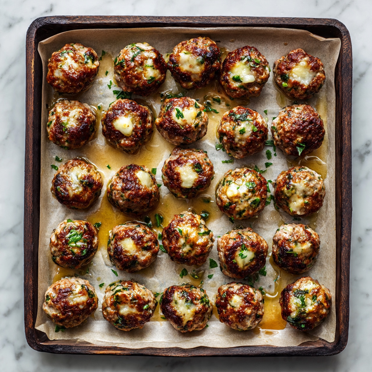 The image shows a dark oven tray lined with parchment paper that holds 24 small, round meatballs, arranged in a grid pattern across six rows and four columns. Each meatball is brown with visible bits of green herbs and white pieces mixed inside, giving them a textured and slightly rough surface. Some meatballs have small melted white spots from cheese or fat, and a few have small pools of shiny juices around their bases, creating glistening marks on the parchment paper. The tray is set on a white marbled surface, enhancing the contrast with the meatballs and parchment. Photo taken with an iphone --ar 4:5 --v 7
