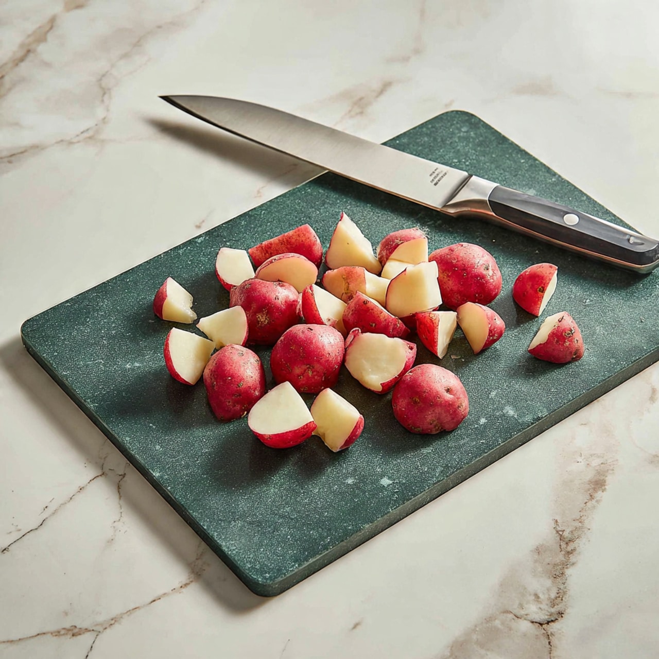 The image shows a dark green cutting board on a white marbled surface, filled with several small red potatoes, some whole and some chopped into irregular chunks. The chopped pieces reveal a smooth, light cream inside with red skin outside. A large kitchen knife with a silver blade and black handle rests near the top edge of the cutting board. The scene looks simple and clean, focusing on the raw potatoes ready for cooking. photo taken with an iphone --ar 4:5 --v 7