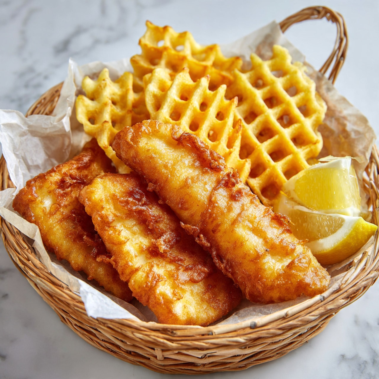 The image shows a basket lined with light brown paper on a white marbled surface, filled with three pieces of golden brown fried fish with a crispy texture on top. Next to the fish are several thick, crisscross waffle fries that are a light golden yellow. Behind the fries is a bright yellow lemon wedge. The basket is round and white underneath the paper lining. Photo taken with an iphone --ar 4:5 --v 7