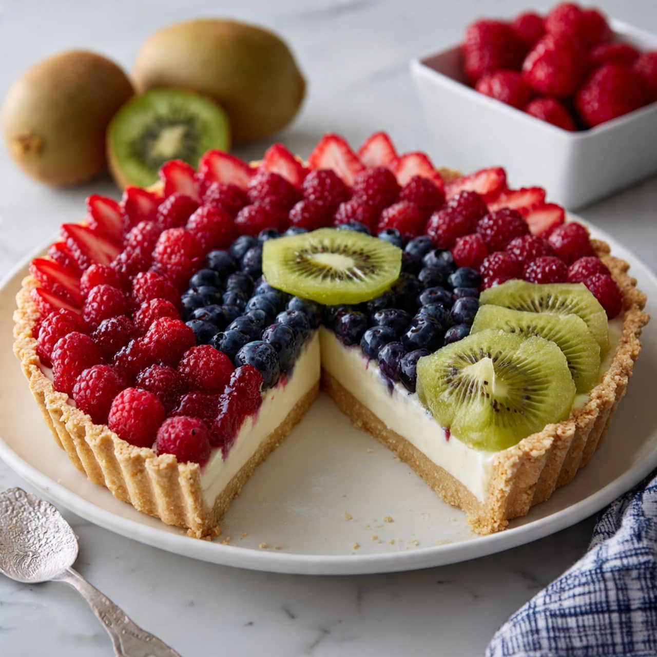A white plate on a white marbled surface holds a slice of fruit tart with four layers: a light golden crust on the bottom, a smooth pale yellow cream filling, and a top layer of fresh sliced strawberries, whole blueberries, raspberries, and a small piece of kiwi near the tip of the slice. Two whole strawberries with green leaves sit next to the tart slice on the plate. In the background, a white bowl filled with red raspberries and a full fruit tart with similar berry toppings are partially visible. A fork lies near the bottom left corner of the image, and a blue and white checked cloth is partially seen on the right side. Photo taken with an iphone --ar 4:5 --v 7