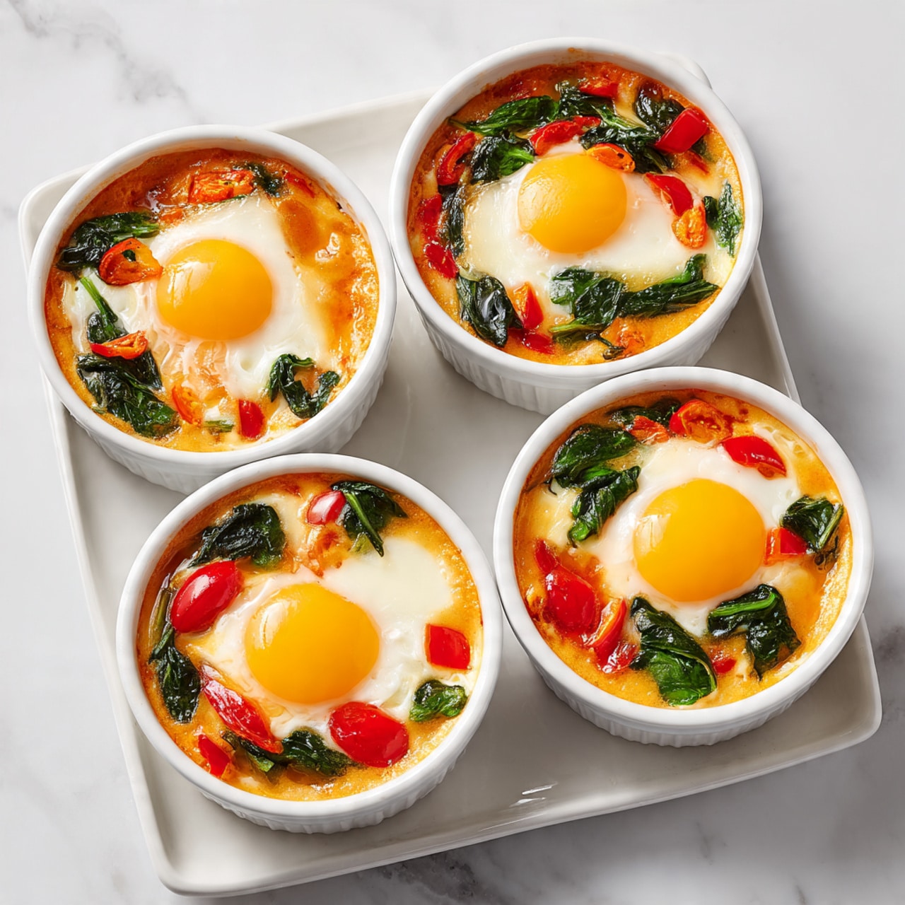 Four small white round ramekins sit on a golden baking tray on a white marbled surface. Each ramekin holds a baked egg dish with one sunny-side-up egg centered on top. Around the egg, there are visible layers of orange sauce, green spinach leaves, red cherry tomatoes, and small pieces of red and orange bell peppers. The texture is smooth with some bubbling and slightly browned edges in the sauce. The eggs have soft white cooked edges and a pale orange yolk in the middle. The colors are bright and fresh-looking. Photo taken with an iphone --ar 4:5 --v 7