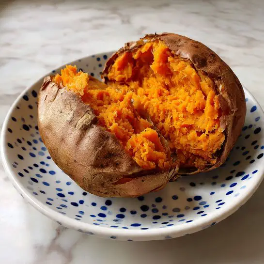 A baked sweet potato is opened in half and placed on a white plate with small blue spots. The inside has a bright orange color with a textured, soft, and slightly fluffy look, showing ridges and uneven mashing. The skin around the orange filling is brown and dry. The plate sits on a white marbled surface. photo taken with an iphone --ar 4:5 --v 7