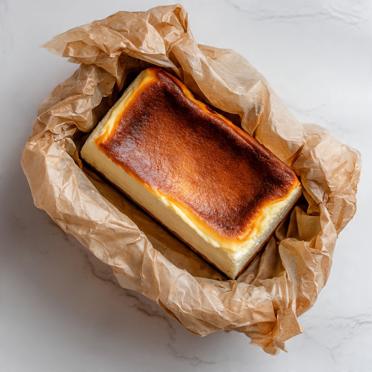 A rectangular cheesecake with a thick golden brown top layer, slightly wrinkled and uneven, resting inside crumpled brown parchment paper that folds around its edges, showing some darker browned spots near the crust. The cheesecake has a dense, creamy layer underneath the browned surface, visible where the edges meet the paper. The whole setup sits on a smooth white marble surface with soft natural light highlighting the crisp texture of the paper and the rich color of the baked top. photo taken with an iphone --ar 4:5 --v 7
