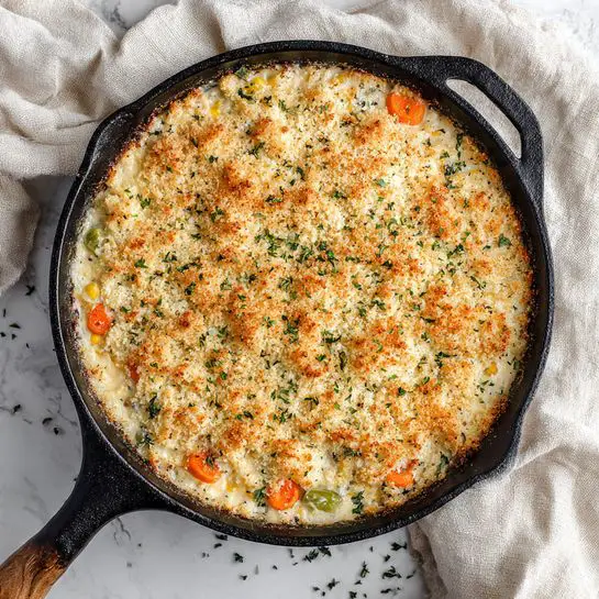 A round black cast iron pan is filled with a creamy casserole that has visible pieces of orange carrots, yellow corn, and green beans mixed throughout. The casserole is topped with a thick, golden brown crumb layer sprinkled with small green herb leaves, giving a textured crunchy look. The pan rests on a white marbled surface, and the scene is viewed from above. photo taken with an iphone --ar 4:5 --v 7