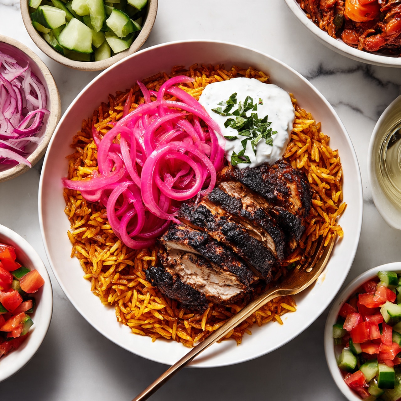 A white bowl filled with a bed of yellowish-orange spicy rice forms the base layer. On top, a thick piece of dark grilled chicken is placed in the center. Bright pink pickled onion strips are scattered over the chicken and rice. On one side of the bowl, a dollop of creamy white sauce with green herbs accents the dish. Next to the chicken, there is a colorful mix of diced fresh vegetables including green cucumber, red tomatoes, and purple onion. A gold fork rests on the right edge of the bowl. Surrounding the main bowl are smaller white bowls with extra vegetable mix, pickled onions, and creamy sauce on a white marbled surface. Photo taken with an iphone --ar 4:5 --v 7