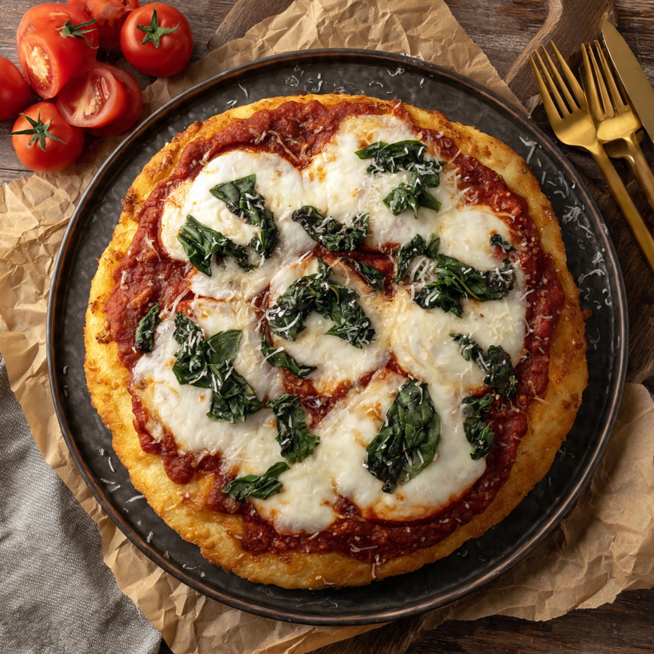 A pizza sits on a round dark metal plate with a golden-brown crust forming the base layer that is thick and slightly risen. On top is a bright red tomato sauce spread evenly, followed by a layer of melted white mozzarella cheese with light golden brown spots and melted texture. Fresh dark green basil leaves are scattered across the cheese, giving a fresh look. The plate rests on crumpled brown parchment paper over a wooden surface with sliced red tomatoes and two gold forks near the top edge. Photo taken with an iphone --ar 4:5 --v 7