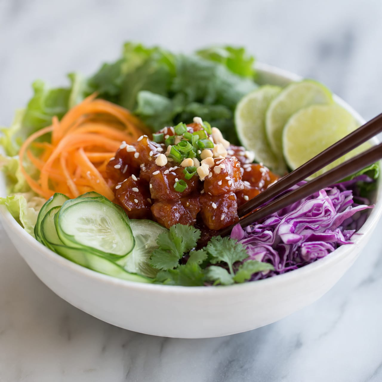 A white bowl holds a colorful layered salad starting with a base of fresh green lettuce and leafy greens on the bottom. On top of this are thin orange carrot strips, sliced cucumber rounds in light and dark green, and bright purple shredded cabbage arranged on one side. There are also sliced green onions and cilantro leaves placed on top. In the center, there are medium brown tofu cubes covered in a red glaze, sprinkled with white sesame seeds and whole light tan peanuts. Two lime wedges rest on the side near the tofu and cilantro. A pair of dark brown chopsticks are picking up some tofu from the bowl. The bowl is placed on a white marbled surface. photo taken with an iphone --ar 4:5 --v 7