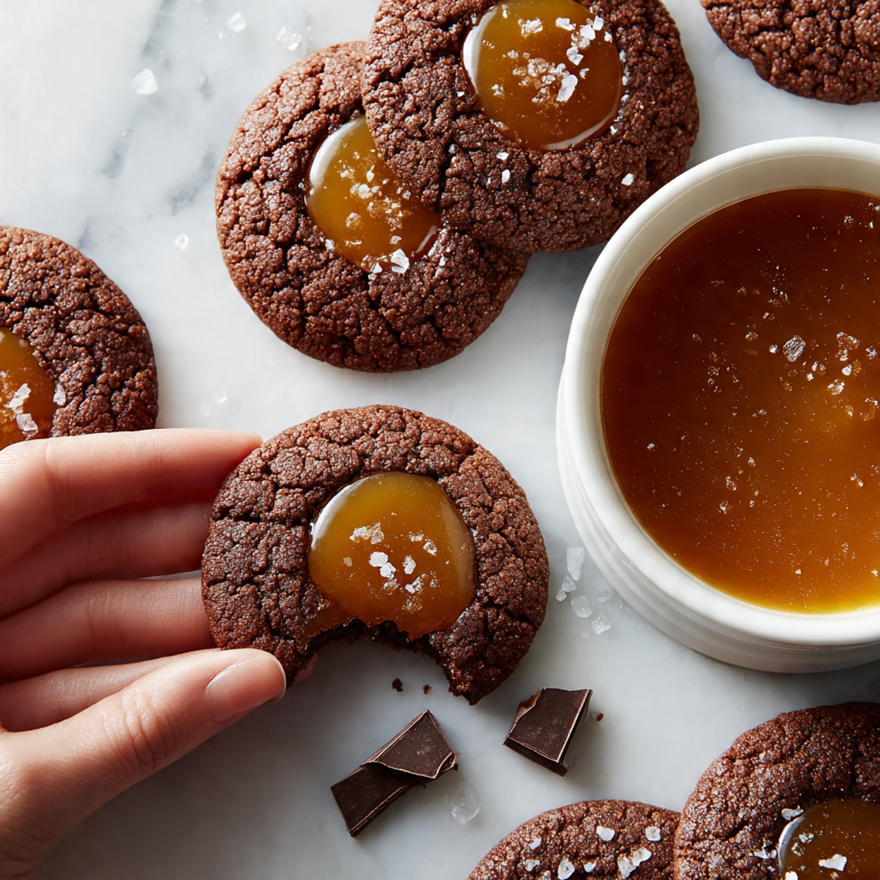 The image shows several round chocolate cookies laid out on a white marbled surface. Each cookie has two main layers: the thick, cracked dark brown cookie base and a smooth, shiny caramel center in a round shape placed in the middle on top. The caramel has a golden color and is sprinkled lightly with coarse white sea salt flakes. Around some cookies, there are broken pieces of dark chocolate scattered casually. The texture of the cookie looks firm but cracked with a rough surface, contrasting with the smooth and glossy caramel center. Photo taken with an iphone --ar 4:5 --v 7