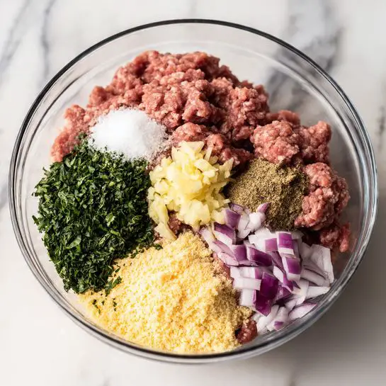 In a white bowl, there are seven different ingredients laid out side by side before mixing. At the bottom, there is light pink ground meat with a soft, stringy texture. On top of the meat, slightly to the right side, there is a small pile of finely chopped yellow garlic. Next to the garlic, on the right edge, is a light brown fine powder. Above it, there is a small, bright white pile of salt. To the left of the salt, there is a dark green finely chopped herb like parsley. To the left of the parsley, there is a sprinkling of dried green oregano leaves. Below the oregano and left from the garlic, there is a big pile of yellowish fine crumbs, possibly breadcrumbs. Above the breadcrumbs, on the left edge, there are small pieces of diced purple onion. The bowl sits on a white marbled surface. Photo taken with an iphone --ar 4:5 --v 7