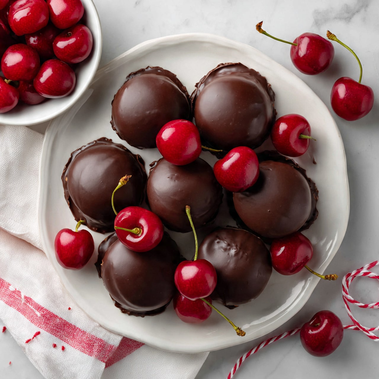 The image shows a white round plate with eleven dark chocolate-covered round treats evenly placed on it. Scattered between these chocolate pieces are six bright red cherries with shiny, smooth surfaces. To the top left of the plate, there is a white bowl filled with more bright red cherries, and near the top right are three additional chocolate-covered treats on the white marbled surface. A red and white striped string lies loosely in a random pattern near the chocolate treats at the top right. The whole setting is on a white marbled background with soft, natural light making the colors and textures stand out clearly. Photo taken with an iphone --ar 4:5 --v 7
