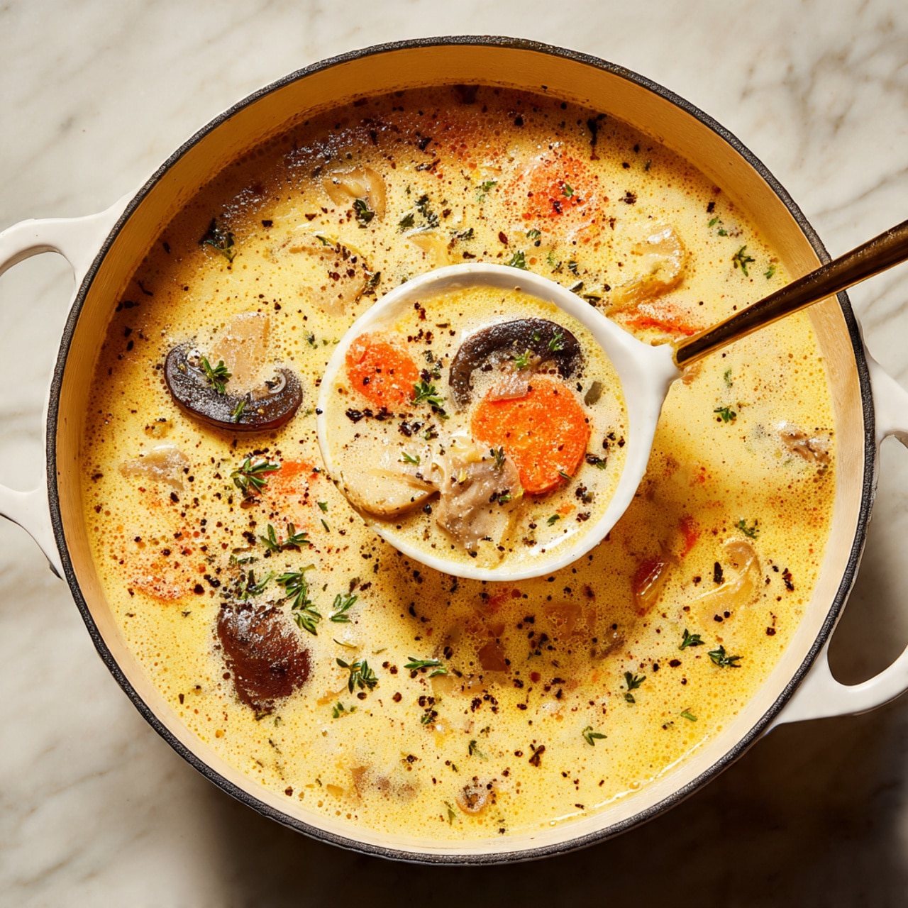 A large white pot filled with a thick creamy soup that has visible small chunks of orange carrots, light brown mushrooms, and grains of rice floating in a pale yellow broth; a white ladle lifts a spoonful of the soup, showing a close-up of the chunky texture with bright orange carrot pieces, dark brown mushroom slices, and small bits of onion and rice coated in the creamy liquid; the pot sits on a white marbled surface photo taken with an iphone --ar 4:5 --v 7