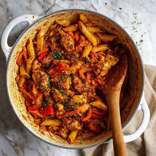 A white plate sits on a white marbled surface, filled with one main layer of penne pasta coated in a reddish-orange sauce with visible black pepper specks. Mixed into the pasta are thin slices of red bell pepper and pieces of lightly browned chicken. The dish is topped with small green chopped herbs scattered across. A fork rests on the edge of the plate, angled inward. Photo taken with an iphone --ar 4:5 --v 7