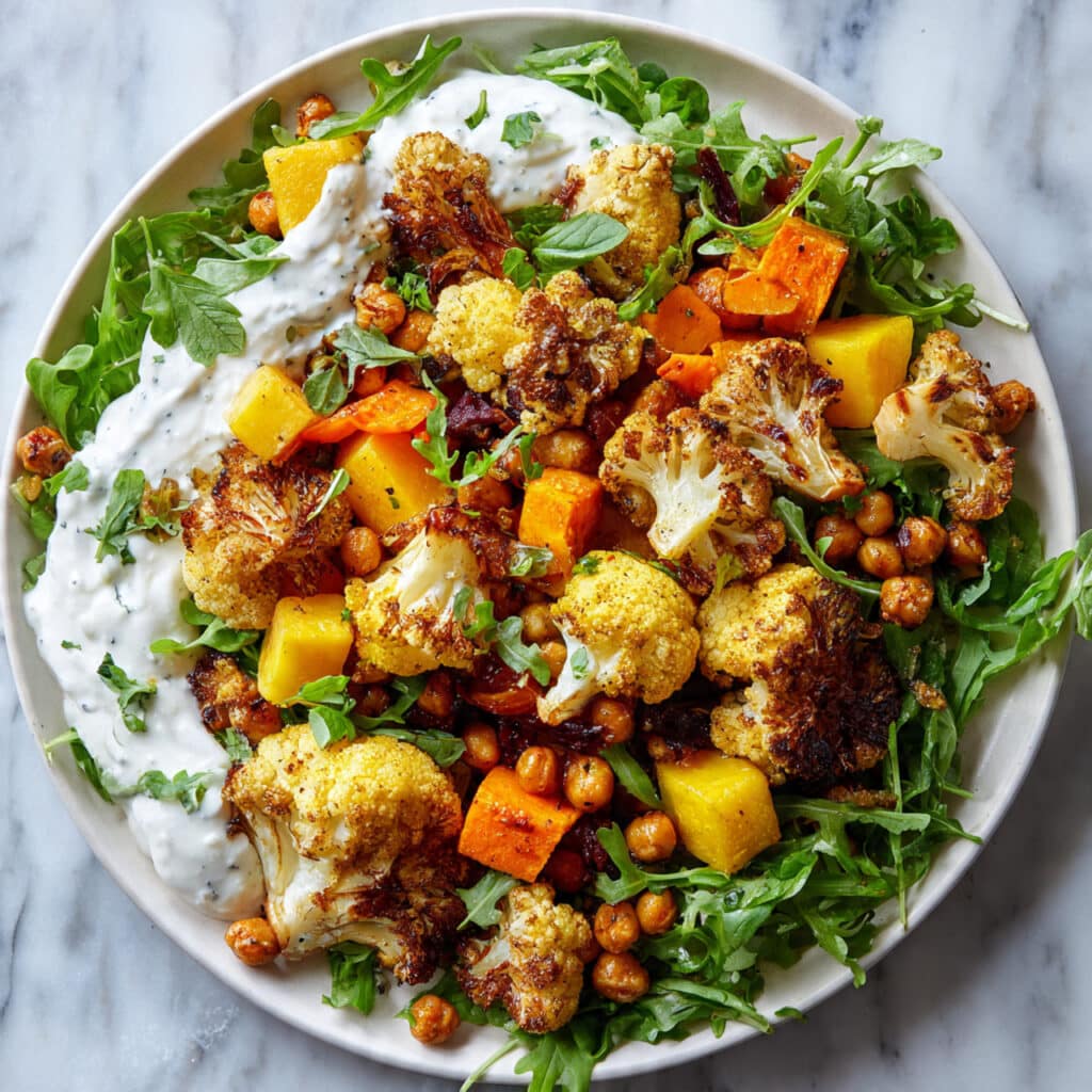 Glow Bowl with Roasted Veggies, Chickpeas, and Tahini Yogurt Sauce Recipe