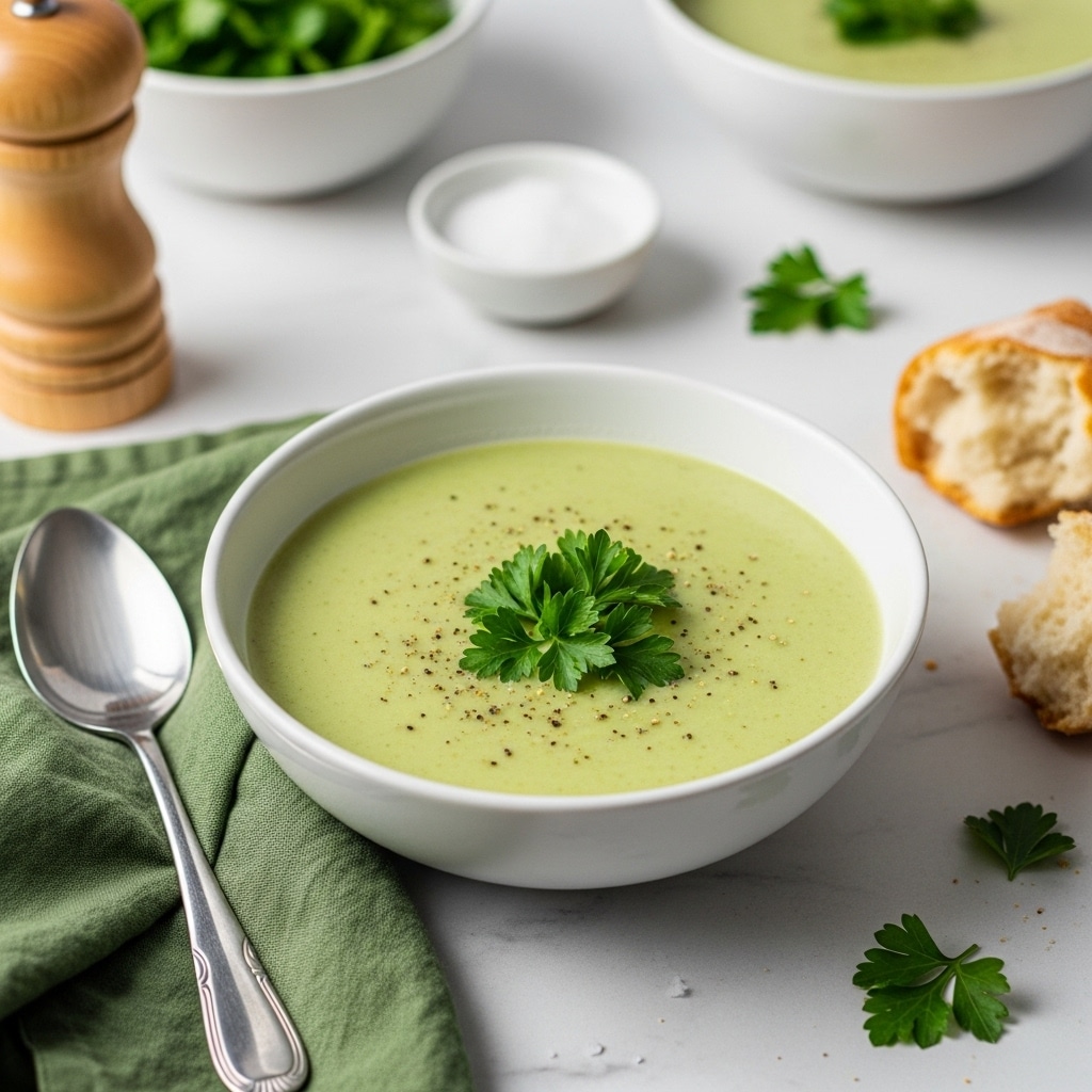 A white bowl filled with smooth, creamy green soup with small specks of black pepper on the surface. A white spoon holds some soup above the bowl, held by a woman's hand. The bowl is placed on a white marbled surface, with a green cloth napkin and a silver spoon to the side, and a small fresh parsley leaf nearby. The background includes a part of a white pot on a white marbled trivet. photo taken with an iphone --ar 4:5 --v 7