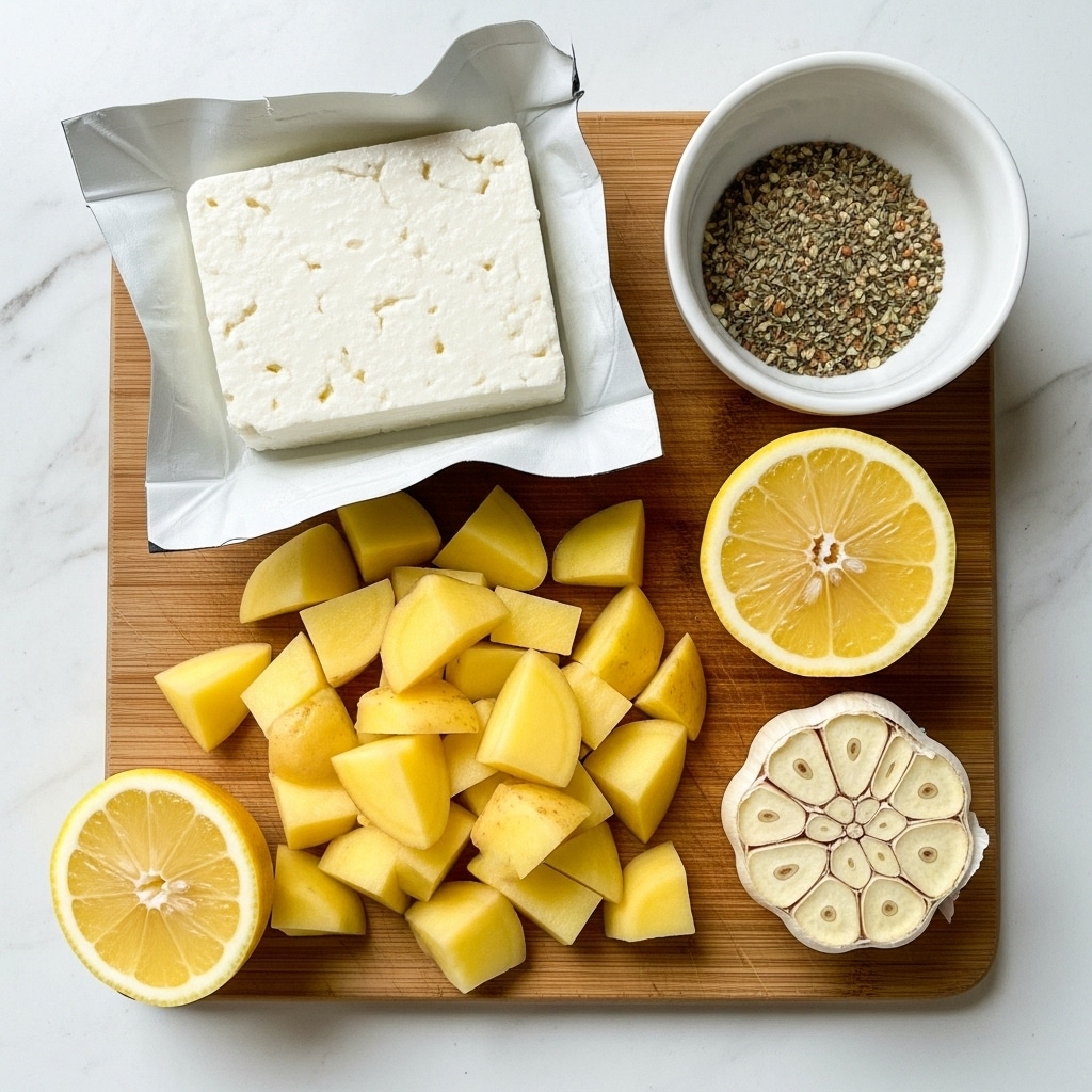 A wooden cutting board on a white marbled surface holds several ingredients neatly arranged. On the left side, there is a block of white feta cheese resting in its open white packaging. Below the cheese, there are medium yellow potato cubes spread out in a pile. At the top right, a small white bowl contains mixed seasonings of grains and herbs, showing green and white specks. To the right of the potatoes and center of board sits half a lemon with bright yellow skin and juicy, segmented interior facing up. Below the lemon is a whole garlic bulb with the top sliced off revealing several smooth, pale garlic cloves inside. Another lemon half, facing down, is positioned on the left side near the potatoes. The ingredients are brightly lit with soft shadows. Photo taken with an iphone --ar 4:5 --v 7