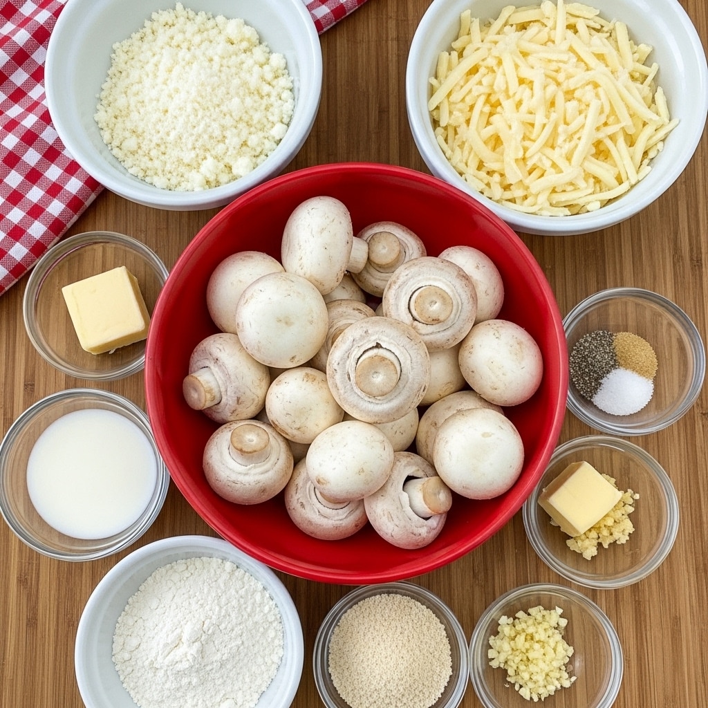 A bright red bowl in the center is filled with whole white mushrooms with smooth caps and visible stems. Surrounding the bowl are smaller white bowls filled with various ingredients: to the top left, a bowl holds finely grated white cheese; below it is a small glass dish with a light yellow square of butter, next to a white bowl filled with a milky liquid and a small glass bowl with white flour. On the right side, a white bowl is full of shredded pale yellow cheese, with small glass bowls near it containing a small yellow square of butter, black pepper and salt, light brown crumbs, and a small amount of chopped light yellow garlic. All the bowls are placed on a wooden surface with a red and white checkered cloth visible in the top left corner. photo taken with an iphone --ar 4:5 --v 7