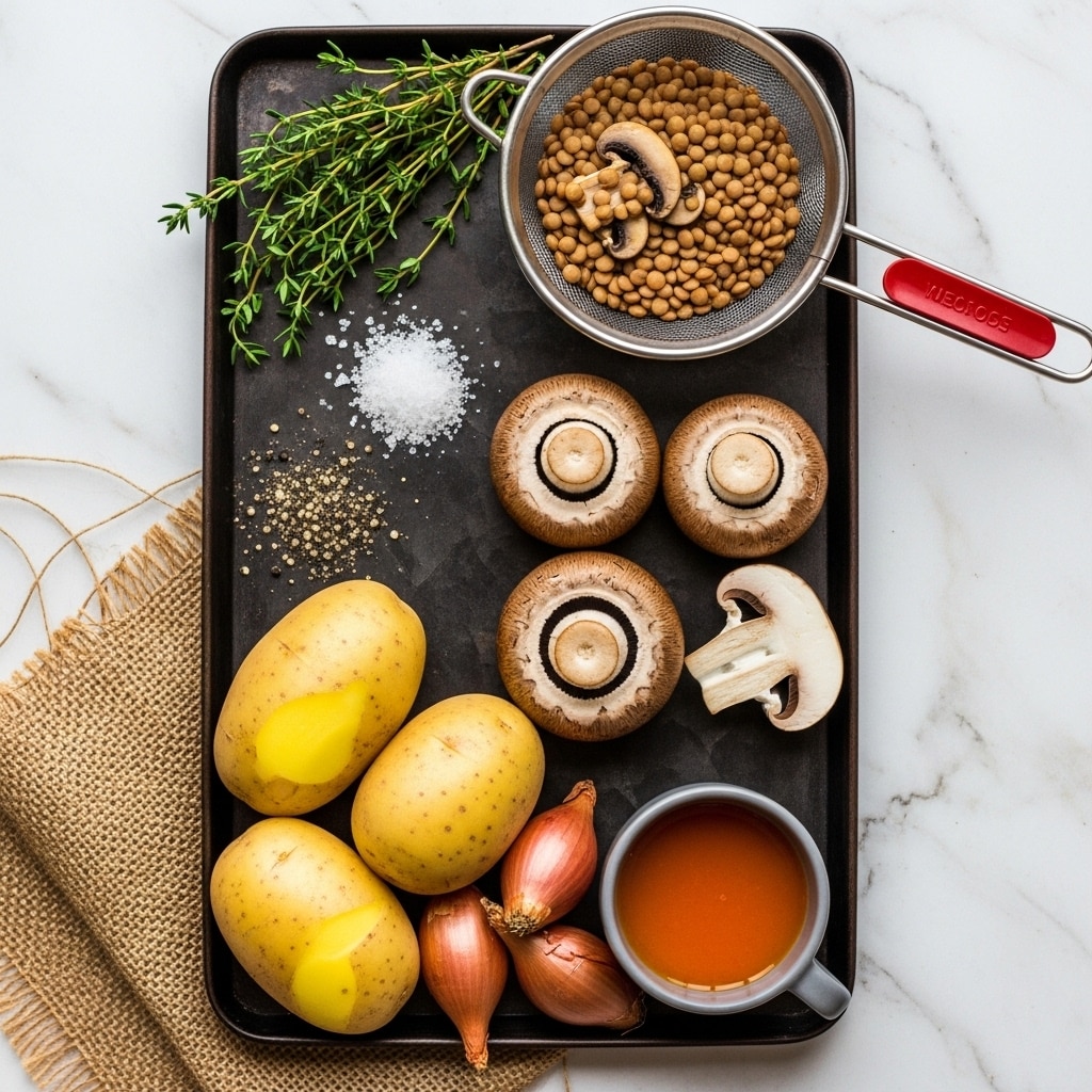 A narrow dark metal tray holds a variety of ingredients arranged neatly on a white marbled surface. At the top right, there is a small metal strainer filled with light brown lentils, with a red handle extending to the right. Below it, three brown mushrooms are placed, two whole with visible gills and one sliced to reveal its inside. To the bottom left, two large yellow potatoes with their skins partially peeled off rest next to two small shallots with reddish-brown skins. At the bottom right of the tray sits a small grey cup filled with bright orange liquid. Fresh sprigs of green thyme fill the top left corner, while some loose pepper and coarse salt are sprinkled in the center. The tray is partly resting on a rough burlap cloth on the white marbled surface photo taken with an iphone --ar 4:5 --v 7