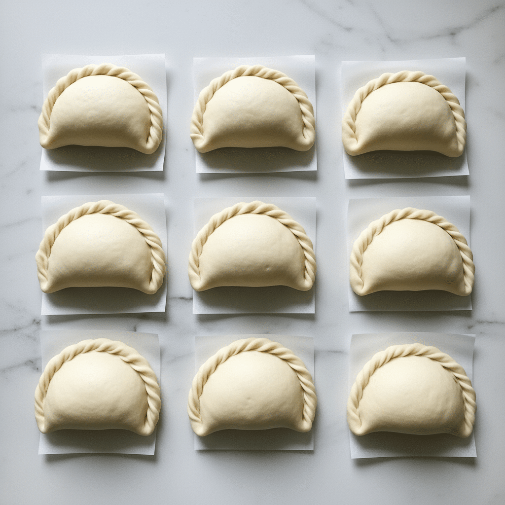 Nine dough pockets are arranged evenly in three rows of three on a white marbled surface. Each pocket is placed on a small square piece of white parchment paper. The dough is pale beige in color and smooth in texture, folded into a half-moon shape with sealed edges, looking soft and slightly thick. The lighting is natural, highlighting the soft curves and matte finish of each dough piece. photo taken with an iphone --ar 4:5 --v 7