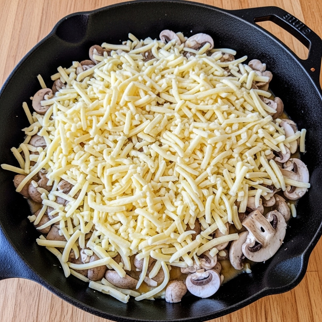 A black cast iron pan filled with a dish that has two distinct layers visible: the bottom layer is white mushrooms mostly covered but slightly peeking out around the edges, and the top layer is a thick, even spread of light yellow shredded cheese piled generously all over the mushrooms. The pan is placed on a wooden surface. Photo taken with an iphone --ar 4:5 --v 7