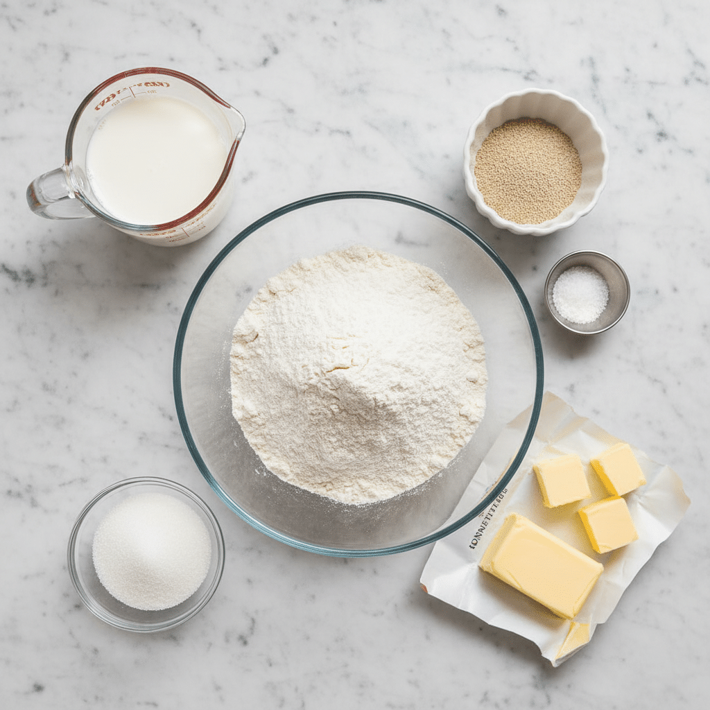 The image shows six containers of baking ingredients placed on a white marbled surface. In the center, there is a large clear glass bowl filled with white flour that has a powdery texture. To the upper left, a clear glass measuring cup contains white milk with a smooth surface. On the upper right, a small white scalloped bowl holds beige yeast granules. Next to it is a small silver bowl with white salt crystals. At the bottom left, a small clear glass bowl holds fine white sugar. At the bottom right, two sticks of pale yellow butter in their wrappers are placed next to some square butter pieces labeled for lamination. All items are spaced neatly and shown from a top-down view. Photo taken with an iphone --ar 4:5 --v 7