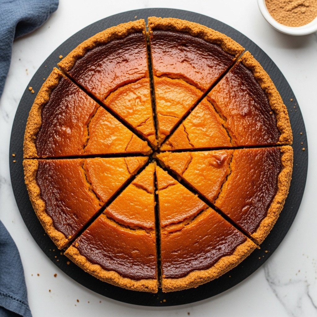 A round cake with a glossy caramel brown top layer and a thick, dense light brown middle layer, sliced into four pieces and one piece slightly pulled out to the right side. The cake has a firm, slightly shiny crust around the edges. It sits on a round dark gray serving plate placed on a white marbled textured surface. In the background, there is a small white bowl blurred out. Photo taken with an iphone --ar 4:5 --v 7