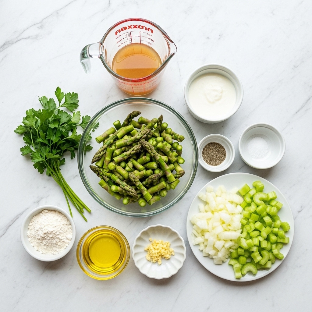 The image shows a white marbled surface with several clear and white dishes arranged neatly. At the center top is a glass measuring cup filled with light brown liquid. Below it, there is a clear bowl filled with cut green asparagus pieces. To the right, there are small white bowls with cream, black pepper, and salt. On the left side of the asparagus bowl, there is a bunch of fresh green parsley. Below the parsley, a small white dish contains white flour. Next to it, a small clear bowl holds yellow oil. To the right, there is a small white scalloped dish with minced garlic. Directly to the right of the asparagus, there are chopped onions in a white bowl and sliced celery in a white plate. All ingredients are fresh and neatly arranged on the white marbled surface, photo taken with an iphone --ar 4:5 --v 7