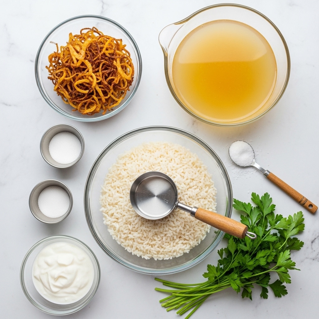 The image shows a top view of several clear glass bowls and small metal cups set on a white marbled surface. In the center, there is a clear bowl filled with white rice and a silver measuring cup resting inside it, the cup has a wooden handle. Above it to the right is a larger clear glass bowl filled with light yellow liquid, likely broth. To the left at the top is a bowl with golden brown crispy fried onions. Around these are small metal cups containing white salt and sugar, and to the bottom left, a bowl with white creamy sauce or yogurt. A bunch of green parsley with fresh leaves is placed on the bottom right corner. There is also a metal spoon with a wooden handle holding white salt near the right side. photo taken with an iphone --ar 4:5 --v 7