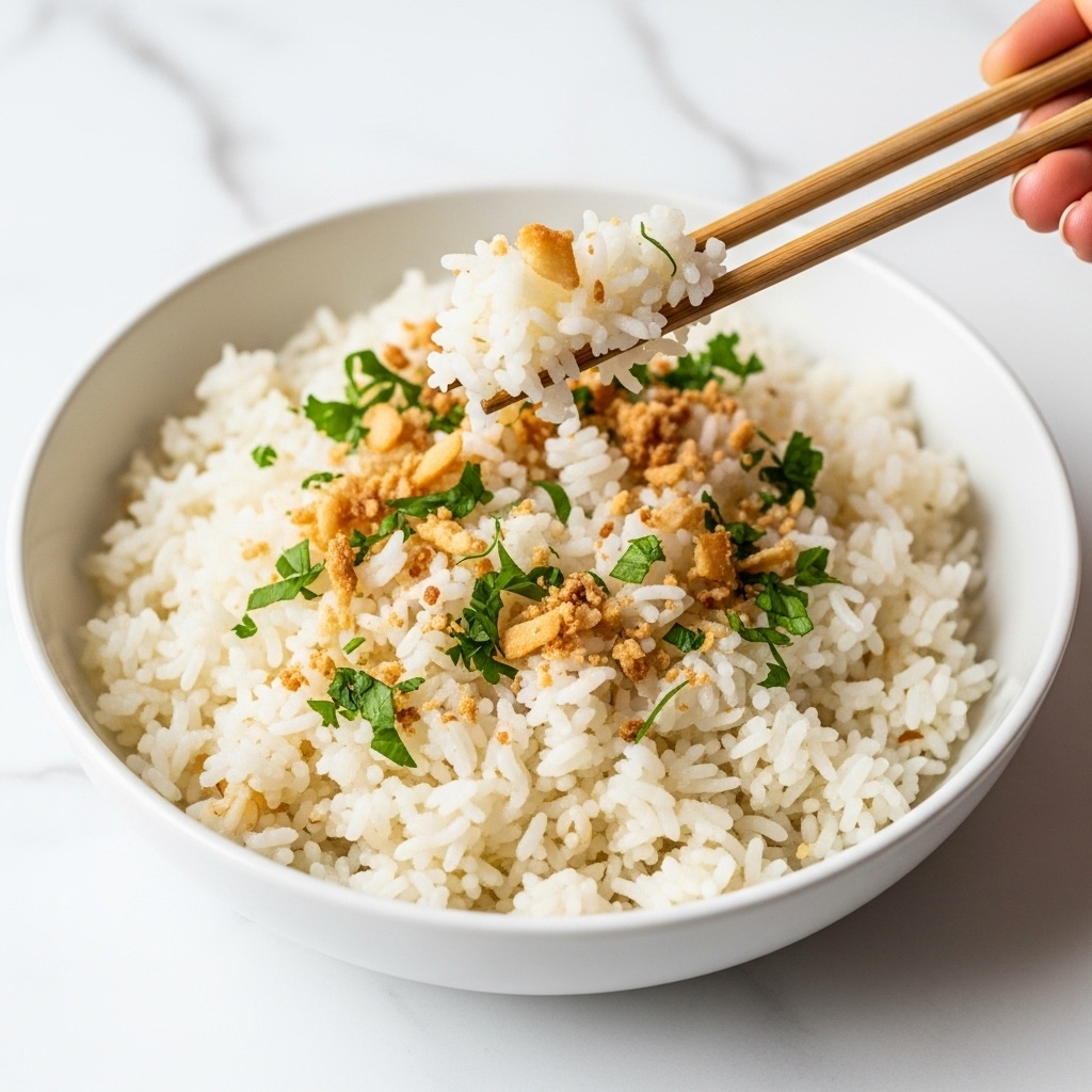 A close-up view of white cooked rice served in a round white bowl, showing soft, fluffy grains mixed with small pieces of light brown toasted coconut and bright green chopped herbs scattered evenly on top and within the rice. A pair of wooden chopsticks held by a woman's hand lifts a small portion of the rice, highlighting the texture and colors against a white marbled surface in the background. The image is bright and clear, emphasizing the fresh and simple elements of the dish. photo taken with an iphone --ar 4:5 --v 7