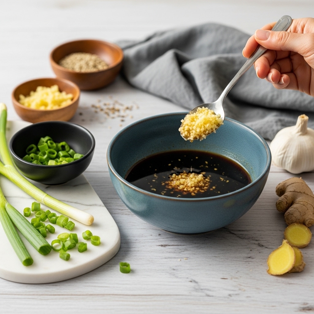 A blue-gray bowl sits at the center on a light wooden surface with a white marbled texture, filled halfway with a dark sauce. A woman's hand holds a spoon above the bowl, scooping a light yellow grated ingredient. Around the bowl, to the left, are fresh green onions both whole and sliced in a small black bowl on a white marbled cutting board. In the background, wooden small bowls contain light-colored minced and seed ingredients, a gray cloth is casually placed, and pieces of ginger and garlic are placed on the surface near the bowl. The scene is bright with soft natural light. photo taken with an iphone --ar 4:5 --v 7