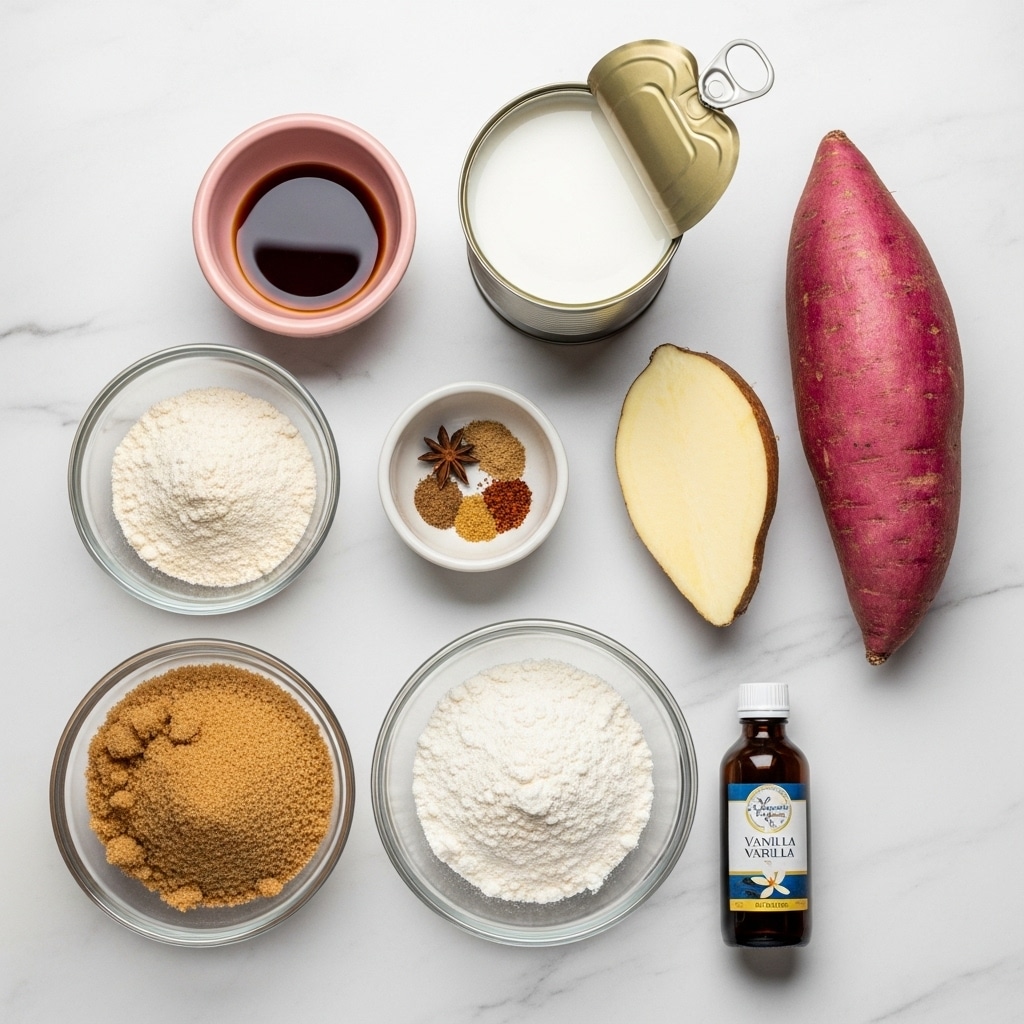 The image shows nine ingredients laid out on a white marbled surface. On the right side, there is a whole purple-red sweet potato with rough skin and a half piece of yellow yam with dark brown skin facing up. Above them is an opened tin can filled with white coconut milk. Below, there is a clear glass bowl of white flour, and next to it, a bottle of vanilla extract with a white cap. To the left, there are two clear glass bowls, one filled with light brown flour and the other with packed light brown sugar. Above them is a small pink bowl with a dark brown liquid, likely vanilla. Additionally, there is a small white bowl with three spices in brown and reddish tones. Photo taken with an iphone --ar 4:5 --v 7
