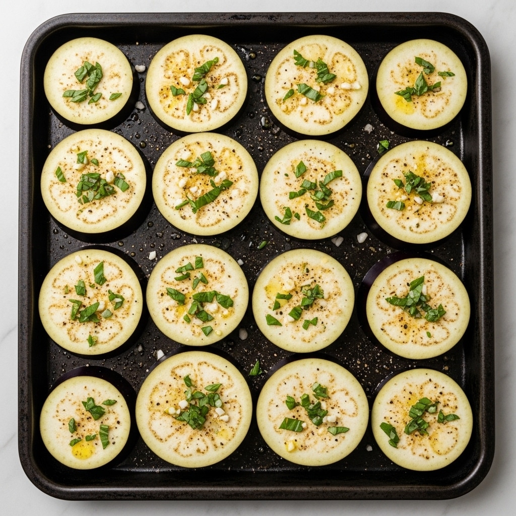 The image shows a dark baking tray filled with 14 round slices of raw eggplant arranged in three rows, with some slightly overlapping. Each slice has a pale, cream-colored center with a thin, dark purple outer edge. They are topped with small green herb pieces scattered unevenly across, glistening with a layer of oil. There are also tiny white bits and light brown seasoning sprinkled on the slices. The baking tray is placed on a surface that looks like white marbled texture. photo taken with an iphone --ar 4:5 --v 7