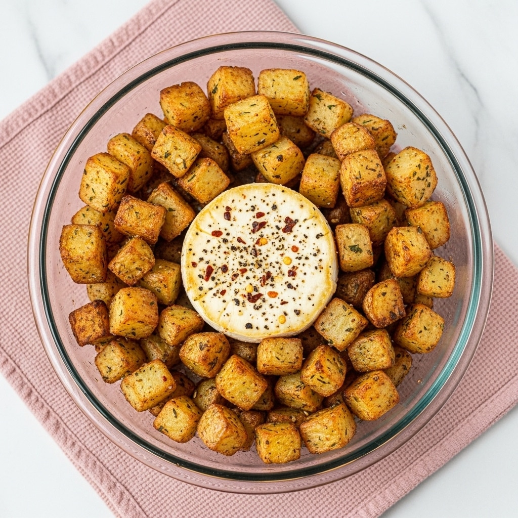 In a clear glass bowl sits a layer of small, golden-brown roasted potato cubes with crispy edges and a sprinkle of herbs, surrounding a round, creamy white cheese wheel topped with cracked black pepper and red chili flakes in the center. The bowl is placed on a soft pink textured cloth, all set against a white marbled surface. photo taken with an iphone --ar 4:5 --v 7