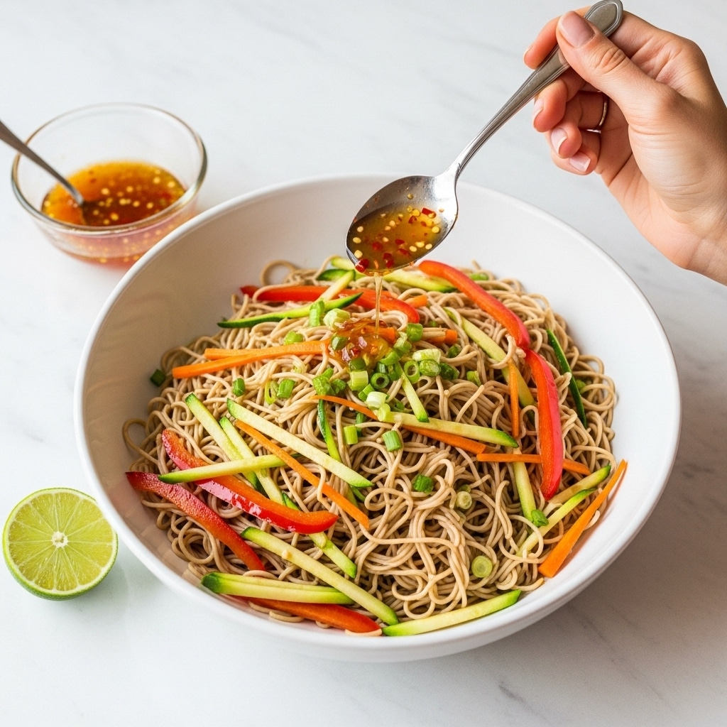 A large white bowl filled with thin, light brown noodles mixed with thin strips of red bell pepper, orange carrot, and light green zucchini, all topped with small pieces of chopped green onion. A woman's hand holds a spoon above the bowl, dripping a clear orange sauce with small bits of chili. Nearby on the white marbled surface are a small glass bowl of the same sauce and a wedge of lime. Photo taken with an iphone --ar 4:5 --v 7