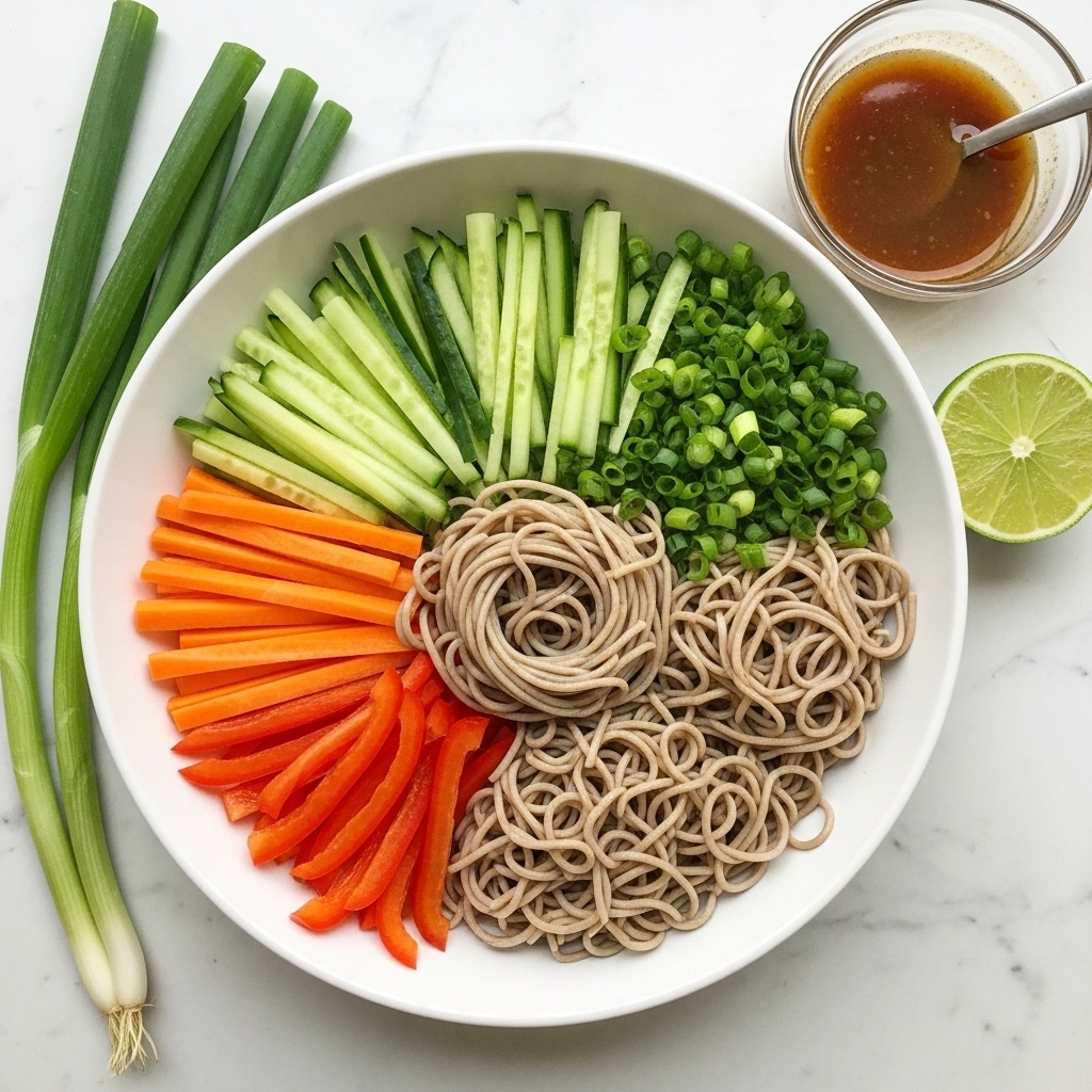 A white bowl with five neat layers: the bottom layer is grayish-brown soba noodles placed in the center; on the top right, bright green chopped spring onions add color and texture; the top left has light green, thinly sliced cucumber strips; the bottom left features thin orange carrot sticks; and the bottom center shows thin red bell pepper strips. To the upper right side of the bowl, a small clear bowl filled with a brown sauce and a spoon is visible. A lime wedge and fresh green onions lay on a white marbled surface next to the bowl. Photo taken with an iphone --ar 4:5 --v 7