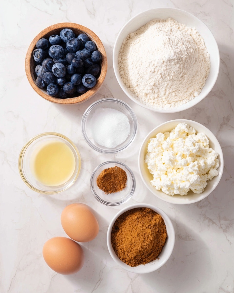The image shows eight bowls and two eggs placed on a white marbled surface. Starting from the top left, there is a wooden bowl filled with fresh, plump blueberries, dark blue in color. Next to it, a large white bowl holds a fine, off-white powder, likely flour. Below these, two small clear glass bowls contain white salts and powders, while a third clear bowl holds a brown powder, possibly cinnamon. To the right, a small white bowl is filled with a fluffy, white, lumpy mixture that looks like cottage cheese or ricotta. Below this is another white bowl filled with packed brown sugar, slightly coarse in texture. At the bottom left, two brown eggs rest on the surface beside a small white bowl filled with a pale yellow liquid, like oil or melted butter. The overall presentation is neat and organized, with natural color contrasts and soft lighting. Photo taken with an iphone --ar 4:5 --v 7
