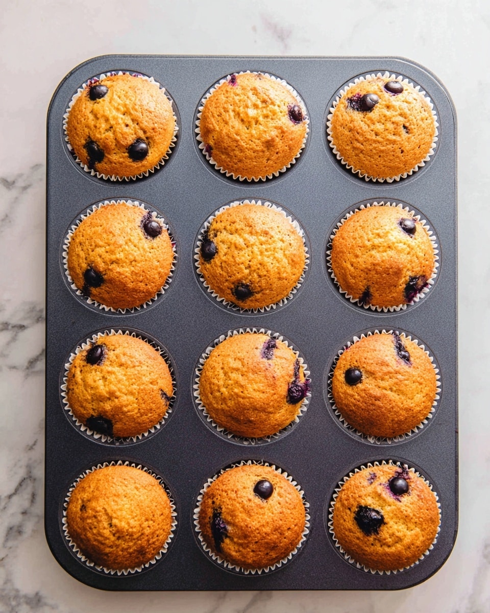 The image shows a dark gray muffin tray with twelve golden-brown blueberry muffins inside, each in a white paper liner. The muffins have a slightly domed top, with some blueberries visible inside and on top, giving dark purple spots that contrast with the warm, orange-tan color of the muffins. The tray is placed on a white marbled surface, adding a clean and bright background to the warm tones of the muffins. The muffins have a soft, slightly rough texture on top, showing they are freshly baked. photo taken with an iphone --ar 4:5 --v 7