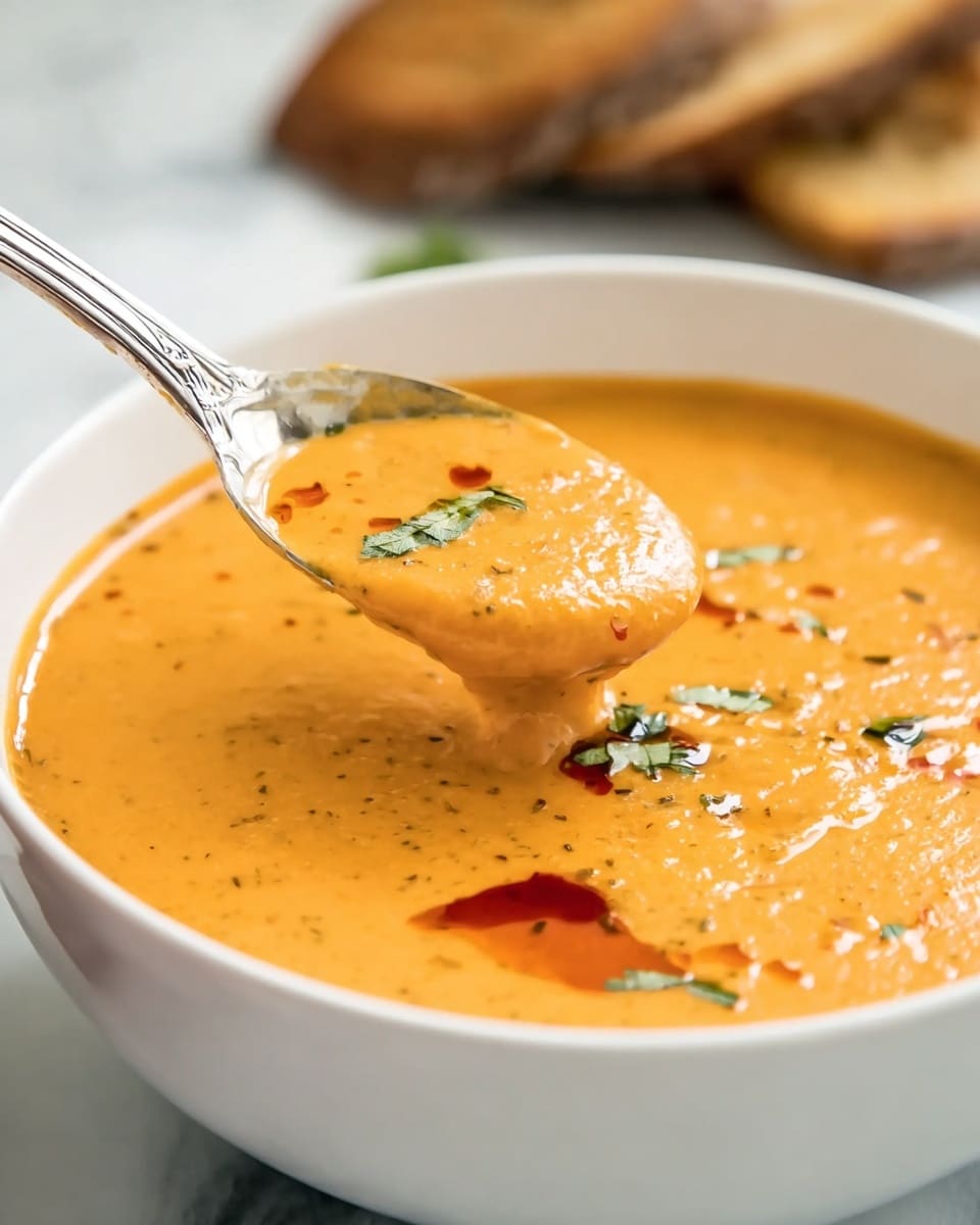 A white bowl filled with thick orange soup, creamy in texture with a few small green herb pieces and a bit of red oil or spice floating on top. A spoon is lifting a portion of the soup, showing its smooth, rich consistency. The bowl is placed on a white marbled surface, with blurred pieces of brown bread in the background. The colors are warm, mainly orange with white and green accents, and the overall look is fresh and inviting photo taken with an iphone --ar 4:5 --v 7