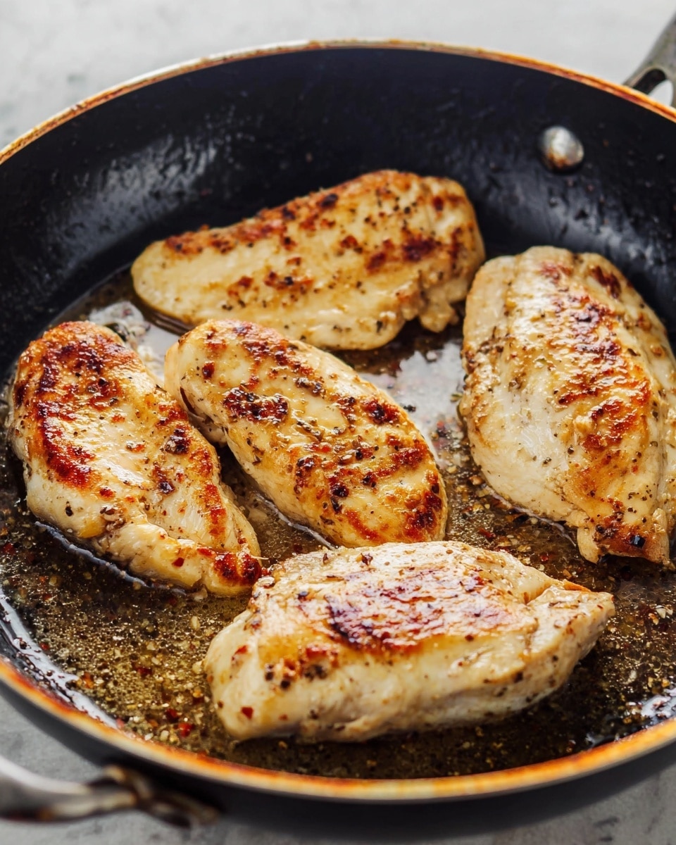 The image shows four pieces of pale golden chicken cooking in a black pan, each piece has browned spots and looks juicy with a slightly crispy texture on top. The chicken pieces are arranged closely together, resting in a shallow pool of light brown oil and small bits of seasoning. The black pan has a smooth interior with a thin golden edge, sitting on a white marbled surface. The photo taken with an iphone --ar 4:5 --v 7