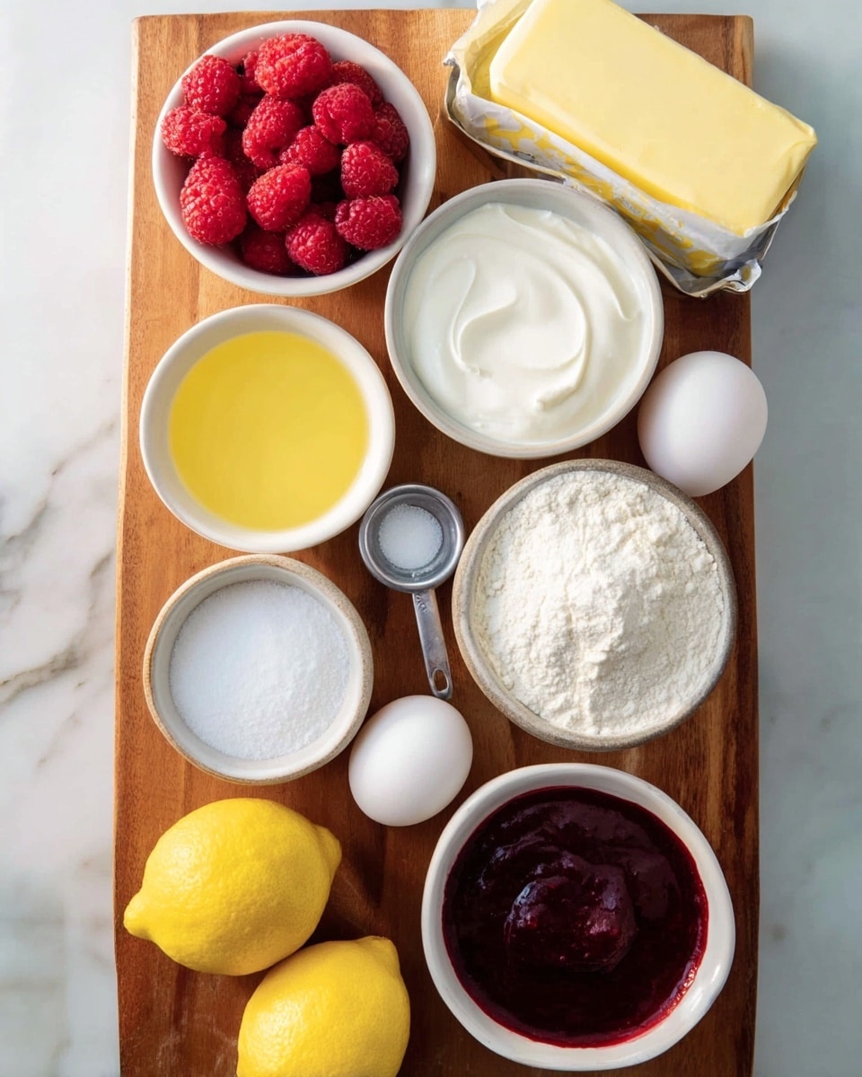 A wooden board holds several small white bowls and loose ingredients neatly arranged in two vertical columns. In the left column, from top to bottom, there is a white bowl filled with fresh red raspberries, another white bowl with white liquid, and a third white bowl with yellow liquid. In the right column, from top to bottom, is a white bowl filled with white flour with a metal measuring cup inside, an egg next to a bright yellow lemon, another lemon below, a white bowl with white granulated sugar, and at the bottom, a white bowl filled with a thick dark red sauce. A stick of butter in yellow paper sits at the top right corner on the wooden board. The background is a white marbled surface photo taken with an iphone --ar 4:5 --v 7
