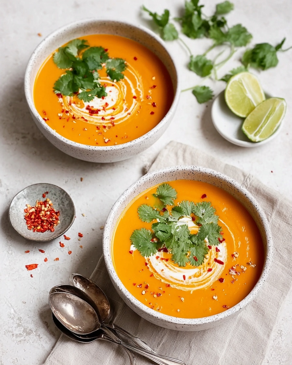 Two bowls of bright orange soup sit on a white marbled surface. Each bowl has a swirl of white cream in the center, topped with green cilantro leaves and red chili flakes scattered over the soup surface. One bowl is in the front near a beige cloth, while the other is in the background. To the left, there is a small white plate with lime wedges. A halved lime and two silver spoons lie near the bowls. The scene has a light and fresh look, with simple, natural colors. photo taken with an iphone --ar 4:5 --v 7