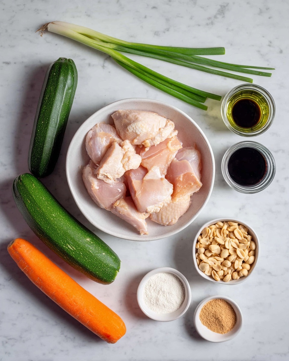The image shows raw chicken pieces placed in a white bowl with a brown rim at the center. Around the bowl are three whole zucchinis and one large carrot on a white marbled surface, along with a bunch of fresh green spring onions positioned above the bowl. To the right of the bowl, there are two small glass pitchers, one with a dark liquid and the other with a clear liquid. On the bottom left, there is a white square bowl filled with peanuts. Near the bottom center, there are two small white rectangular dishes holding brown and white powders respectively, and on the bottom right, there is a small white round bowl containing a white powdery substance. The whole setup is placed on a white marbled surface. Photo taken with an iphone --ar 4:5 --v 7