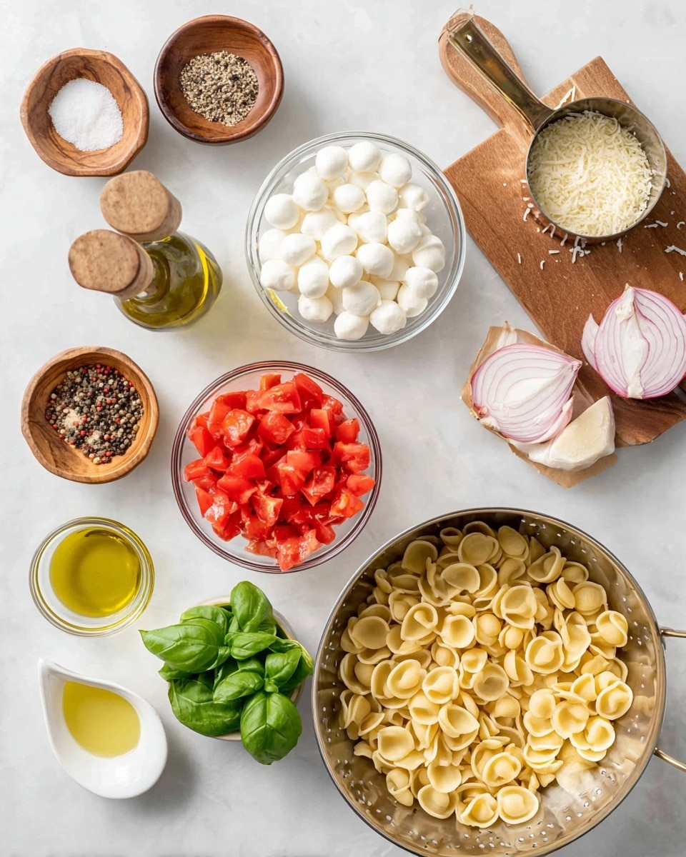 The image shows a top-down view of several ingredients arranged on a white marbled surface. On the right side, there is a metal colander full of small, round, pale yellow pasta. Above it, a small wooden cutting board holds two halves of a red onion and a white ceramic spoon with a light beige powder. To the left of the colander are small glass bowls with chopped red tomatoes, fresh green basil leaves, and small white mozzarella balls. Further up, there is a small metal cup filled with shredded cheese, a glass bottle of golden olive oil, a wooden bowl of mixed peppercorns with a tiny wooden scoop, and another wooden bowl of salt with a matching scoop. Two small white bowls hold yellow and clear liquids. The scene is bright and clean, with natural lighting. Photo taken with an iphone --ar 4:5 --v 7
