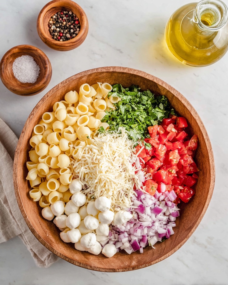A round wooden bowl on a white marbled surface holds a colorful layered salad with six visible sections. Starting from the left, there is pale yellow orecchiette pasta, next to it a large pile of chopped bright red tomatoes. Below the tomatoes, finely shredded beige cheese sits on top of some pasta. To the right of the cheese, finely chopped green herbs add a fresh touch, and next to them is a small pile of finely chopped light purple onions. At the bottom right, there are small, round white mozzarella balls. In the upper left corner of the image, there are two wooden containers with small wooden scoops, one filled with mixed peppercorns and the other with coarse white salt. To the right, a glass jar of golden olive oil sits on the white marbled surface. Photo taken with an iphone --ar 4:5 --v 7