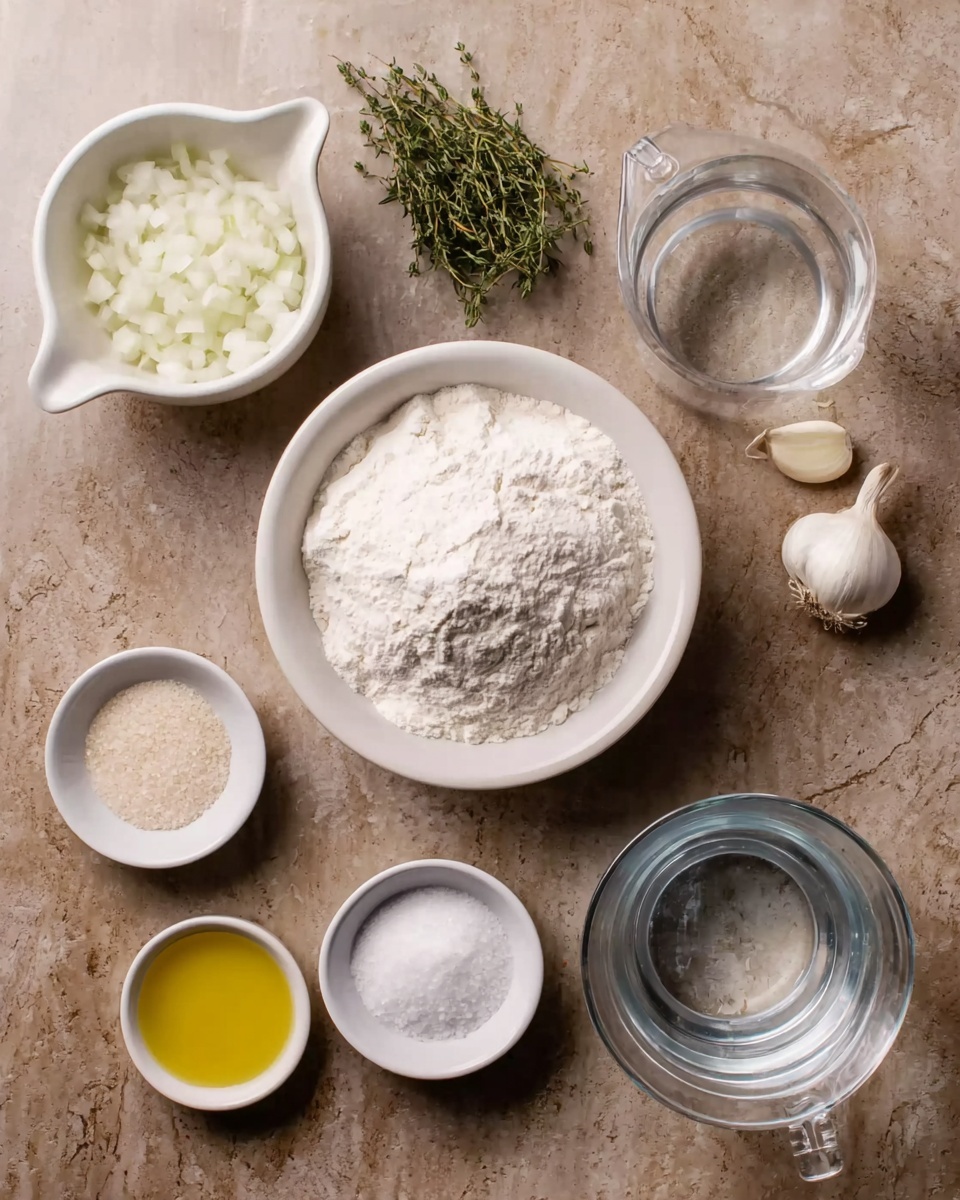 The image shows seven items arranged on a white marbled surface. In the center, there is a white bowl filled with white flour, forming a small mound. Surrounding it are other bowls and containers: at the top left, a white bowl with garlic cloves and fresh green herbs; at the top center, a white cup containing yellow olive oil; at the top right, a clear glass measuring cup with water; at the bottom left, a small white bowl with brown yeast granules; at the bottom center, a white bowl filled with chopped white onions; and at the bottom right, a white bowl with white salt. All items are neatly placed and clearly visible. photo taken with an iphone --ar 4:5 --v 7
