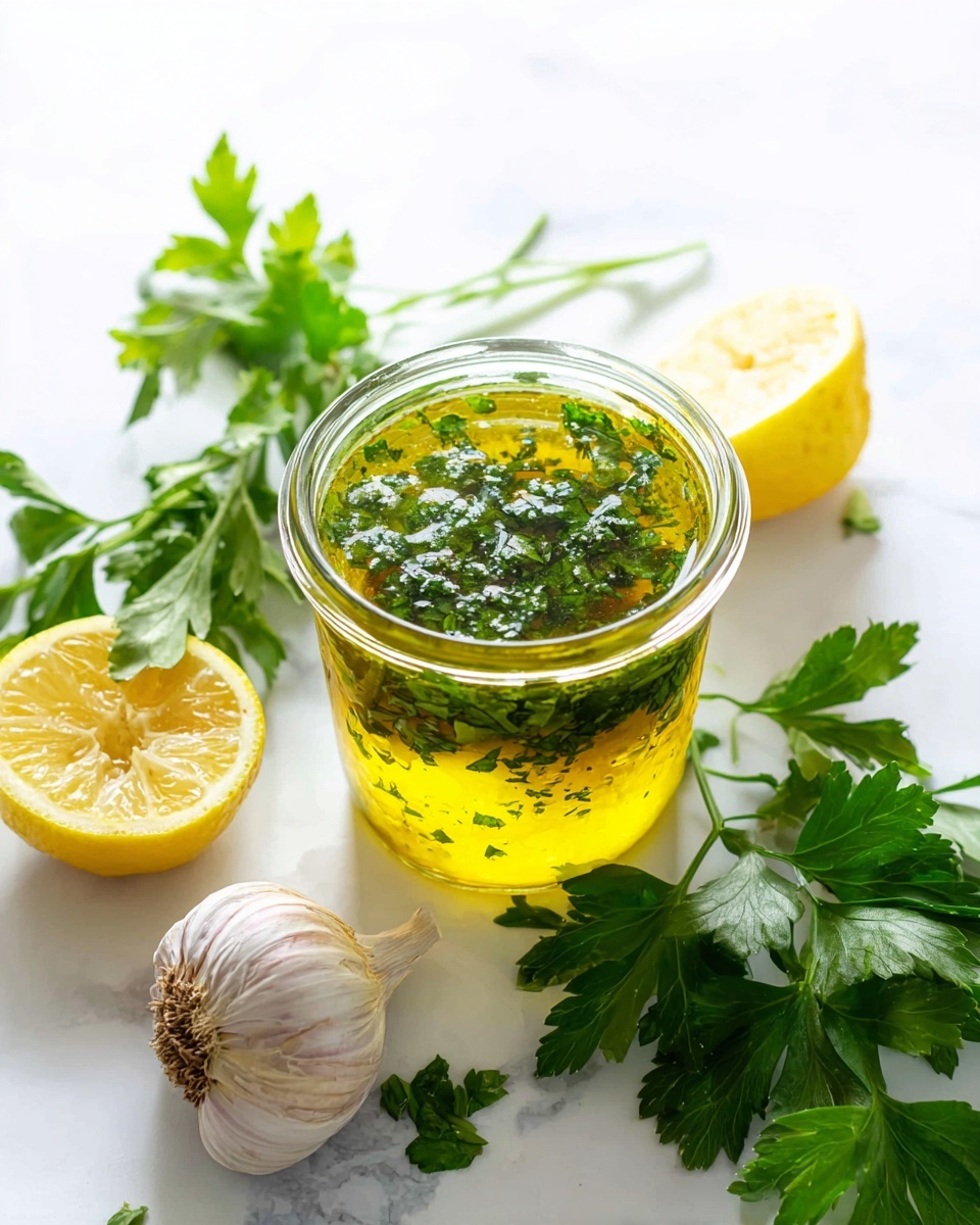 A clear glass jar filled with a yellowish-green mixture that has small bits of dark green herbs floating inside, surrounded by fresh green parsley leaves, a whole garlic bulb with white skin and purple streaks, and two half lemon pieces showing their pale yellow flesh, all placed on a white marbled surface. photo taken with an iphone --ar 4:5 --v 7