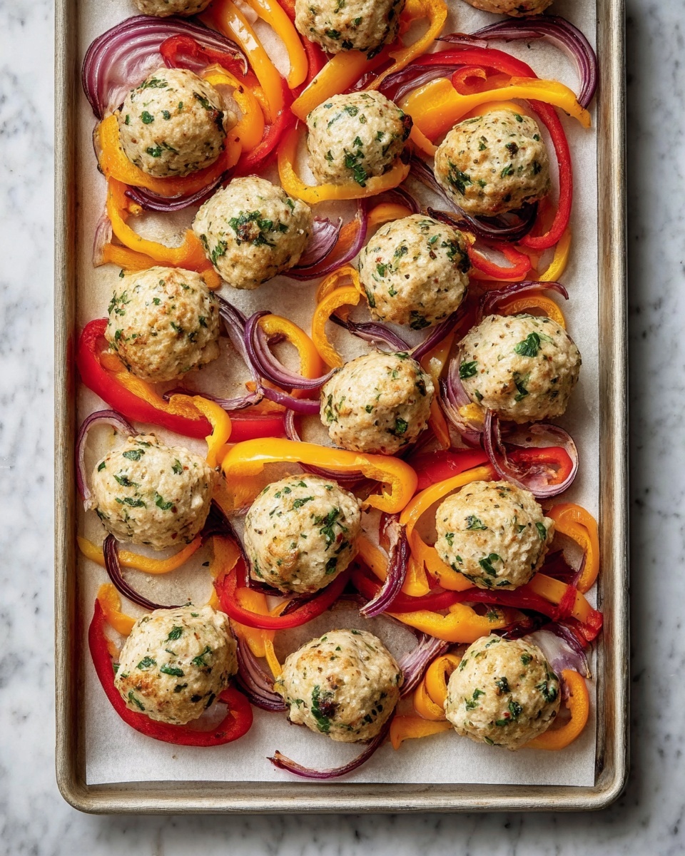 A baking tray lined with parchment paper holds 11 light beige meatballs mixed with green herbs, each about the size of a golf ball, evenly spread across the tray. Under and around the meatballs are thin slices of roasted bell peppers in bright orange, red, and yellow colors, with some slightly charred edges, and thin rings of red onion with a purple tint, both spread loosely across the tray. The surface beneath the tray is a white marbled texture. photo taken with an iphone --ar 4:5 --v 7