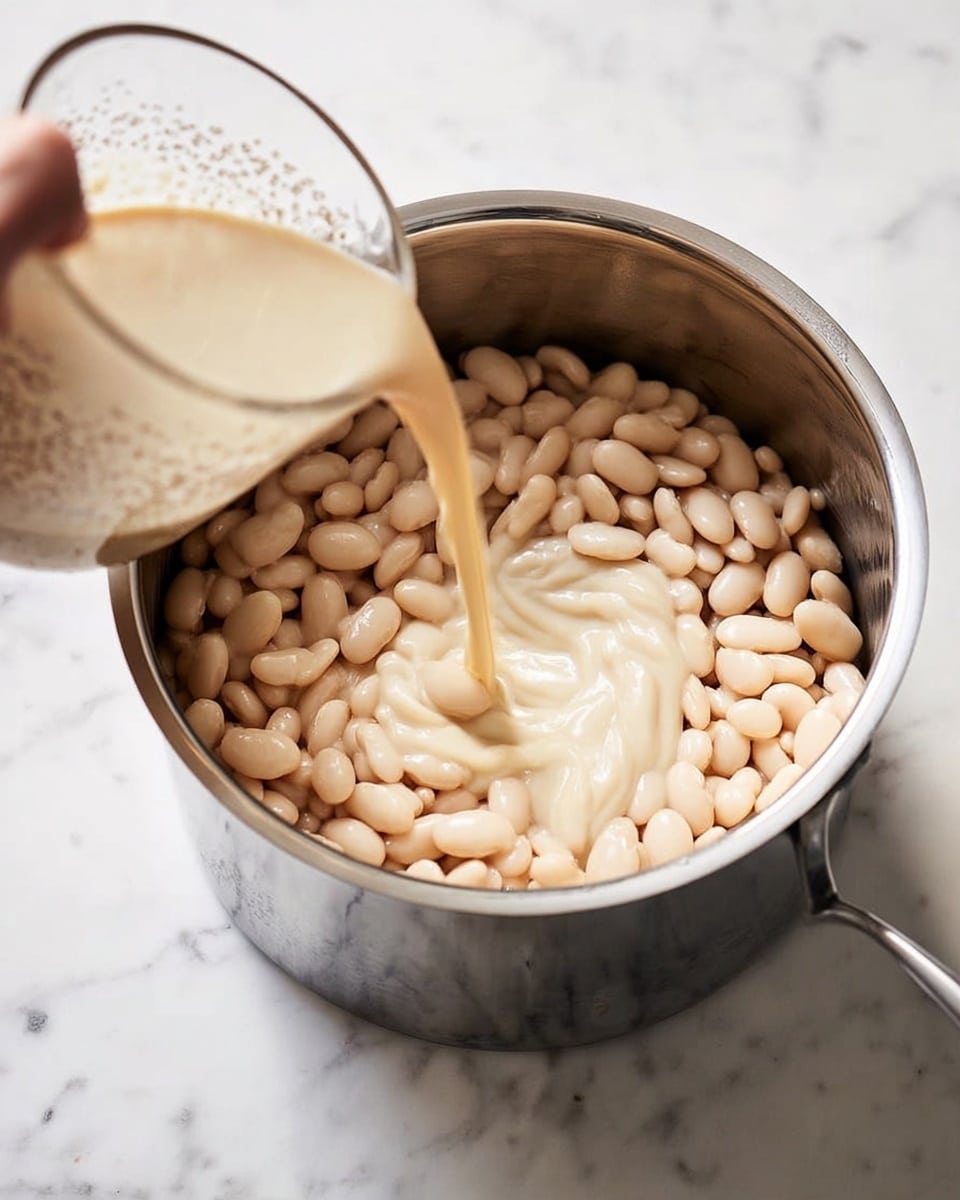 A close-up view of a large silver pot placed on a white marbled surface filled with white beans on one side, while a thick creamy beige sauce is being poured inside from a blender jar held by a woman's hand on the left side of the frame. The pot has one visible sturdy handle on the right, and the white beans appear glossy and soft, covering half the pot. The smooth sauce flowing in creates a contrasting texture next to the beans, catching the light and showing subtle swirling patterns. photo taken with an iphone --ar 4:5 --v 7
